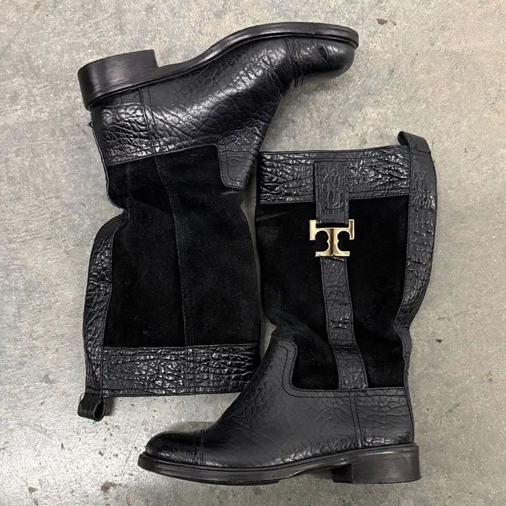 Tory Burch Black Leather and Suede Moto Boots